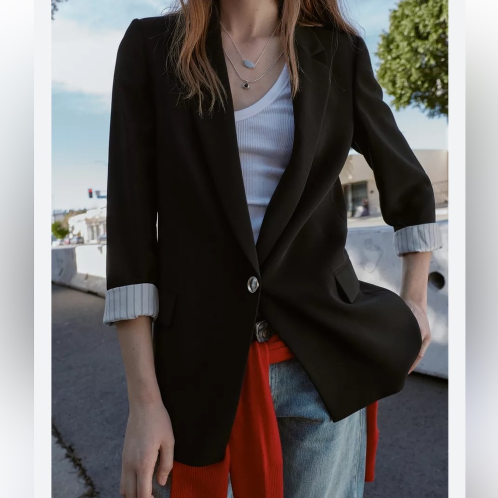Zara NWT printed cuff blazer black 8195/518